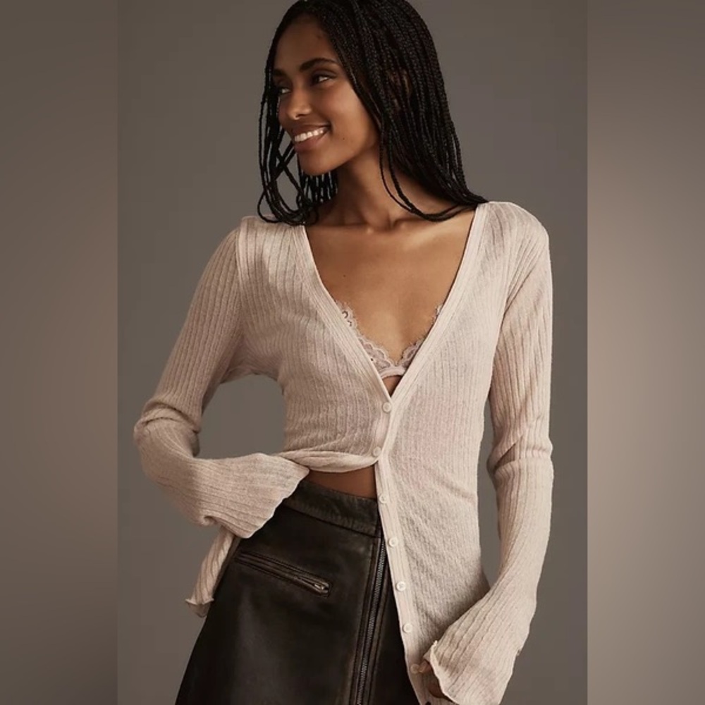 The Lucia Sheer Cardigan Sweater by Anthropologie, Beige, Size Medium